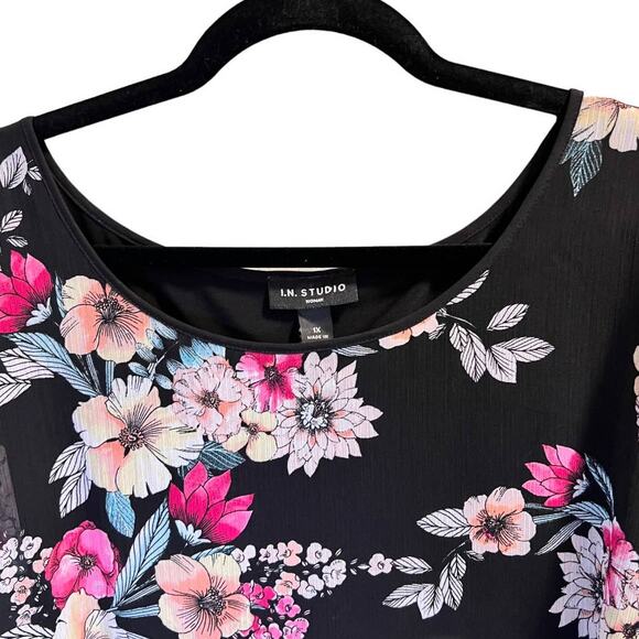 I.N. Studio Women Black Floral Drape Overlay Sleeveless Scarf Sheath Dress Sz 1X - Picture 2 of 12
